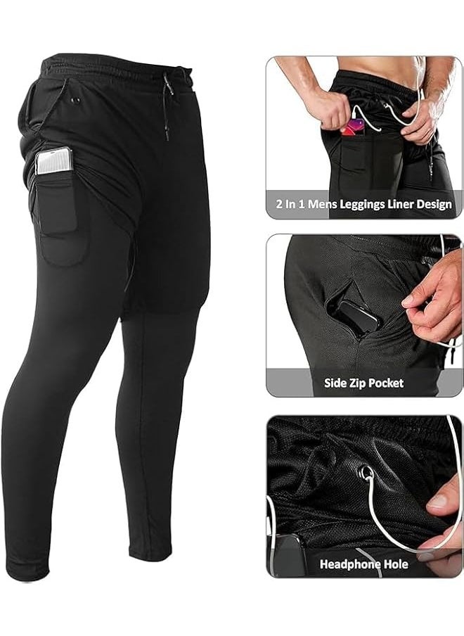 Men's 2 in 1 Running Pants Long Gym Workout Compression Pants for Men Training Athletic Pants with Phone Pockets Men Jogging Pants (XXL)