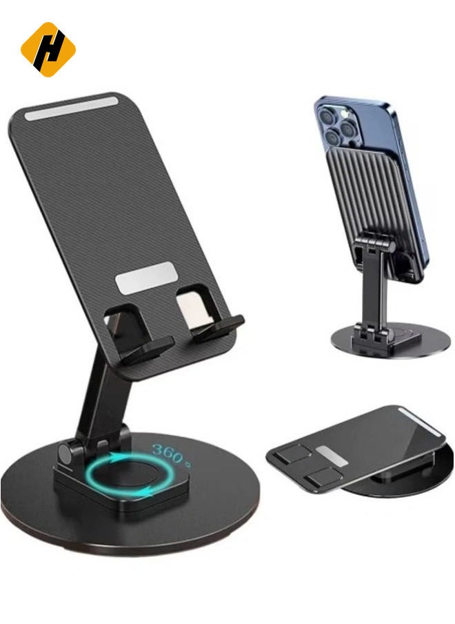 Portable Foldable Phone Stand, 360 Degree Rotation, Height Adjustable, Cell Phone Holder - Black