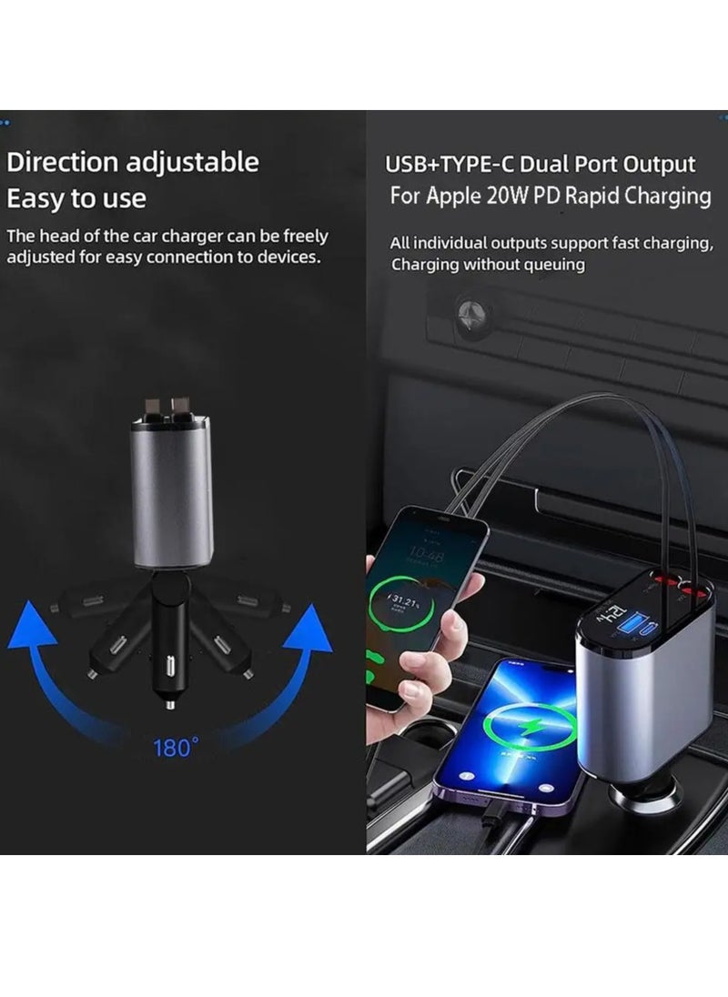 800mm 4 in 1 Car Charger 120W Super Fast Charging Car Cigarette Lighter USB And TYPEC Metal Adapter Retractable Suitable For Various Phones