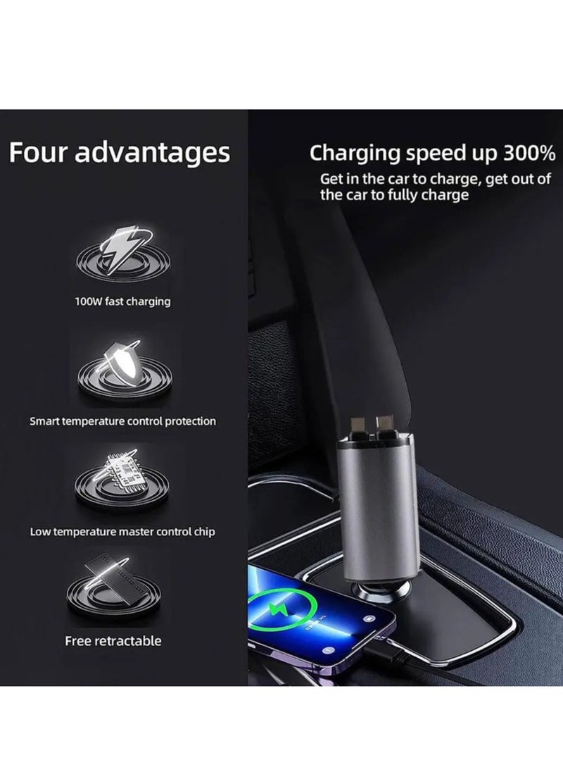 800mm 4 in 1 Car Charger 120W Super Fast Charging Car Cigarette Lighter USB And TYPEC Metal Adapter Retractable Suitable For Various Phones