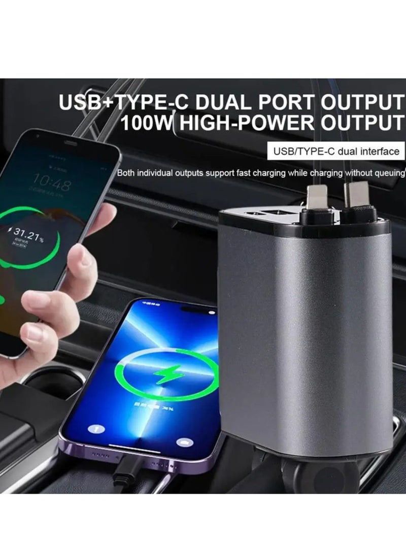 800mm 4 in 1 Car Charger 120W Super Fast Charging Car Cigarette Lighter USB And TYPEC Metal Adapter Retractable Suitable For Various Phones