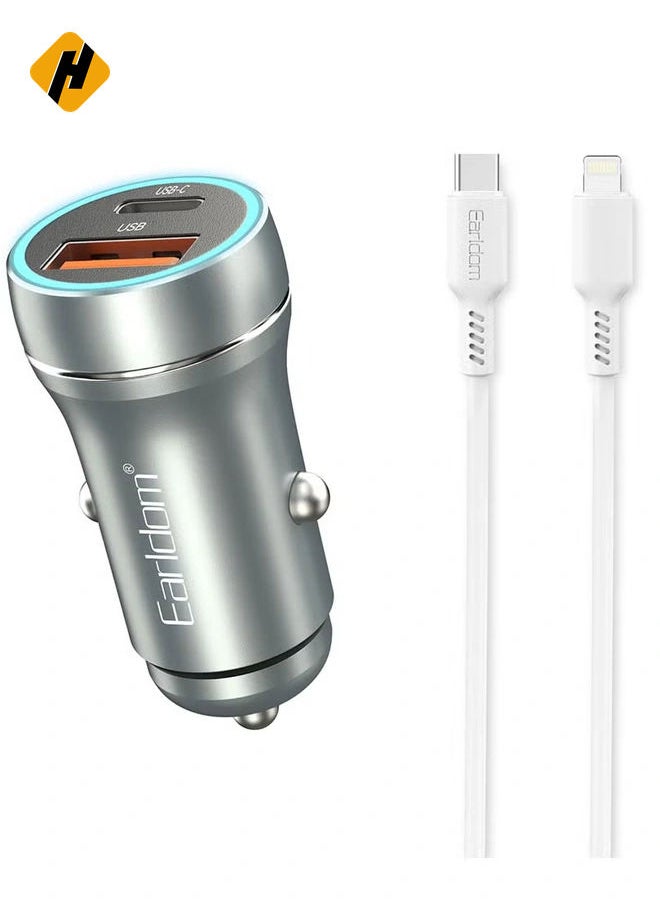 Car Socket Charger ES-CC29 – 30W USB QC3.0 & PD Car Charger with Lightning PD Cable, Silver