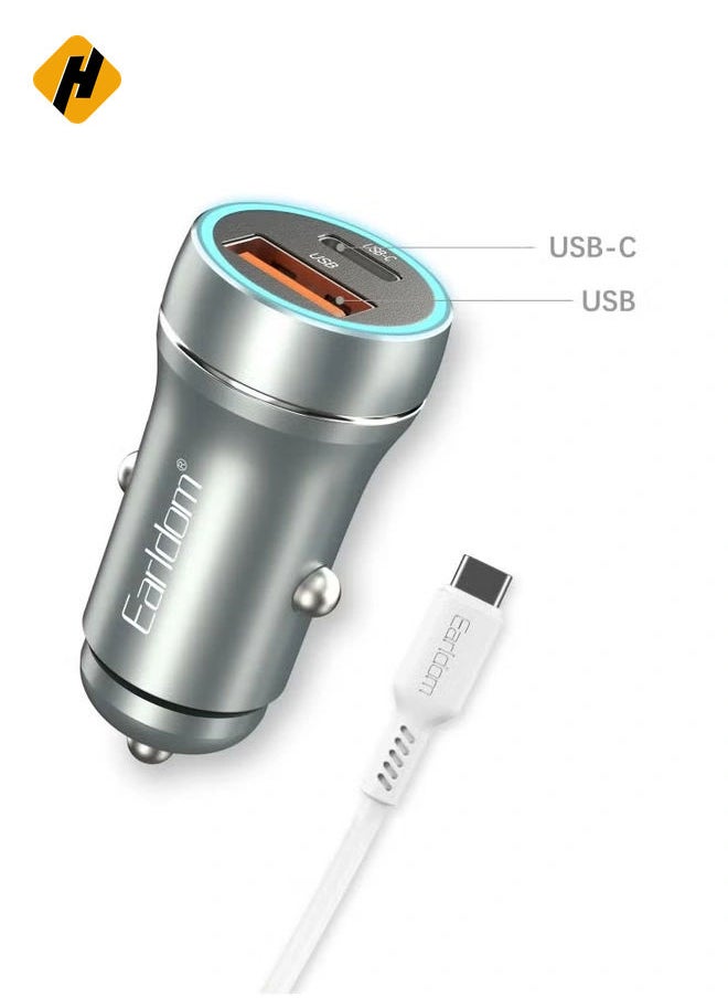 Car Socket Charger ES-CC29 – 30W USB QC3.0 & PD Car Charger with Lightning PD Cable, Silver