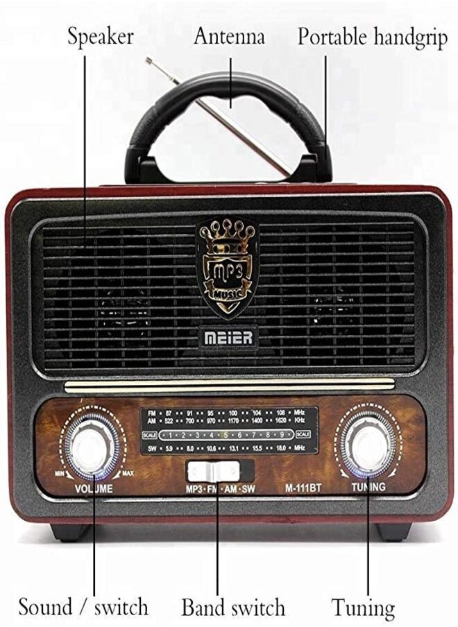 MEIER M-111BT Portable Antique Radio Nostalgic Wooden Retro FM Radio With AM | FM | SW Band Frequency, USB | SD | TF Card Slot, AUX and Bluetooth Remote Modern Feature Vintage Radio