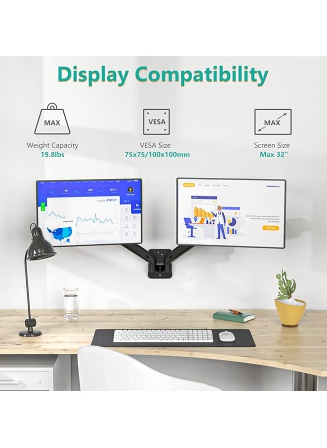 Dual LCD Monitor Fully Adjustable Gas Spring Wall Mount Fit 2 Screens VESA up to 27 inch, 14.3 lbs. Weight Capacity per Arm (GSWM002), Black