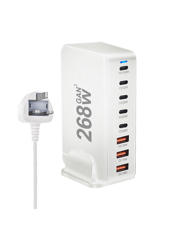 268W 8-Port GaN Fast Charging Station – 5 USB-C PD Ports (Up to 100W) & 3 USB-A QC Ports – Simultaneous Charging for Laptops, Smartphones, Tablets, and More – Compact & Efficient Design