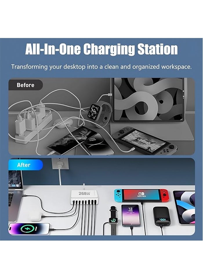 268W 8-Port GaN Fast Charging Station – 5 USB-C PD Ports (Up to 100W) & 3 USB-A QC Ports – Simultaneous Charging for Laptops, Smartphones, Tablets, and More – Compact & Efficient Design