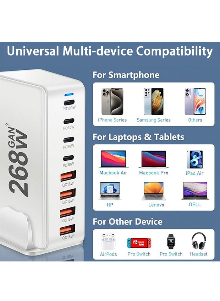 268W 8-Port GaN Fast Charging Station – 5 USB-C PD Ports (Up to 100W) & 3 USB-A QC Ports – Simultaneous Charging for Laptops, Smartphones, Tablets, and More – Compact & Efficient Design