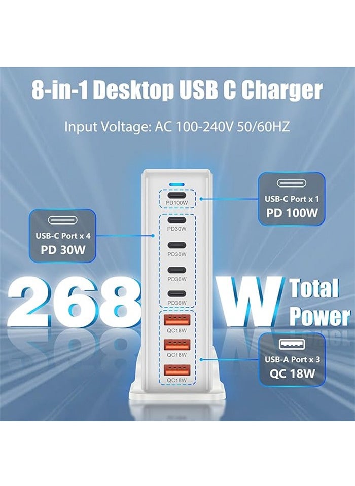 268W 8-Port GaN Fast Charging Station – 5 USB-C PD Ports (Up to 100W) & 3 USB-A QC Ports – Simultaneous Charging for Laptops, Smartphones, Tablets, and More – Compact & Efficient Design