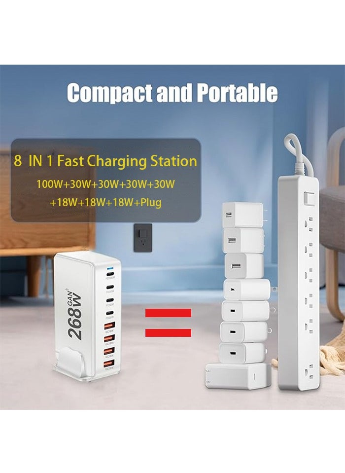 268W 8-Port GaN Fast Charging Station – 5 USB-C PD Ports (Up to 100W) & 3 USB-A QC Ports – Simultaneous Charging for Laptops, Smartphones, Tablets, and More – Compact & Efficient Design