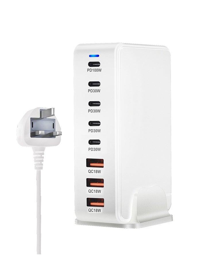 268W 8-Port GaN Fast Charging Station – 5 USB-C PD Ports (Up to 100W) & 3 USB-A QC Ports – Simultaneous Charging for Laptops, Smartphones, Tablets, and More – Compact & Efficient Design