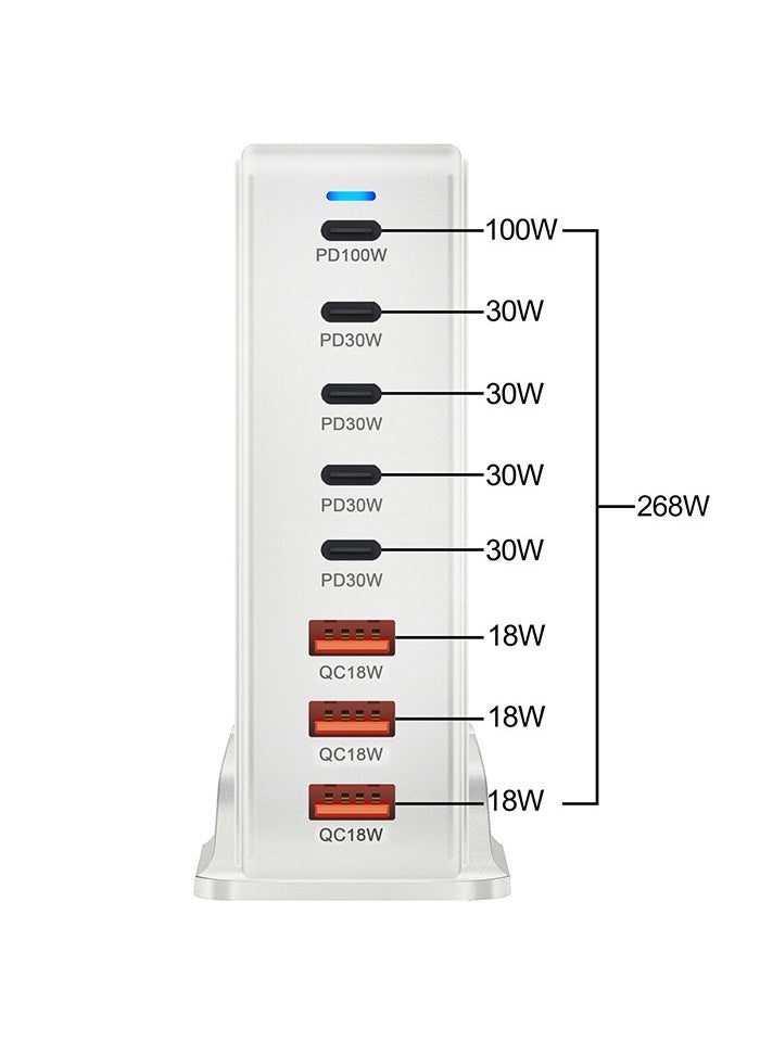 268W 8-Port GaN Fast Charging Station – 5 USB-C PD Ports (Up to 100W) & 3 USB-A QC Ports – Simultaneous Charging for Laptops, Smartphones, Tablets, and More – Compact & Efficient Design