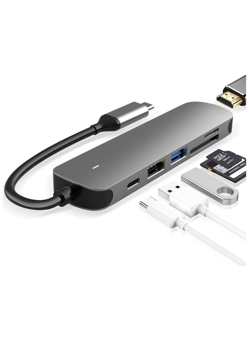 USB C HUB, USB C Adapter 6 in 1 with USB 3.0, 4K-HDMI, USB C Connection/PD, SD/TF Card Reader, Docking Station Compatible with MacBook Pro/Air Laptop and Other Type C Devices