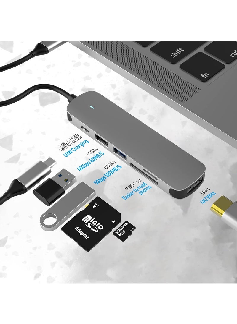 USB C HUB, USB C Adapter 6 in 1 with USB 3.0, 4K-HDMI, USB C Connection/PD, SD/TF Card Reader, Docking Station Compatible with MacBook Pro/Air Laptop and Other Type C Devices