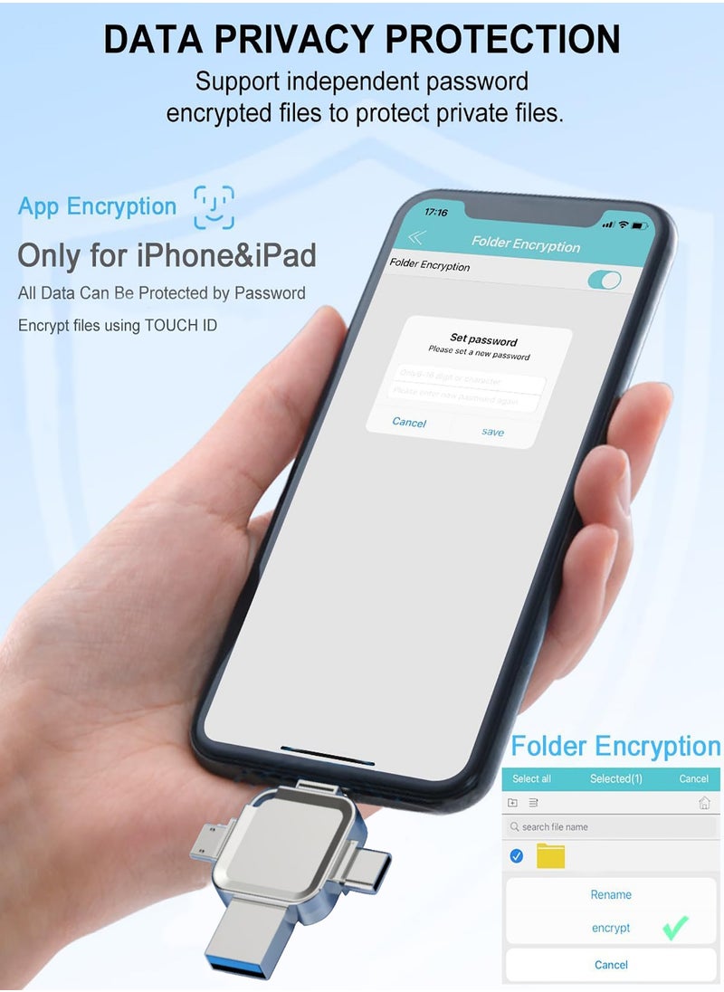 USB Flash Drive USB 3.0 128GB Memory Stick 4 in 1 Multi-Purpose Flash Drive for iPhone, Android Smartphones, iPad, Mac, Laptop, Silver