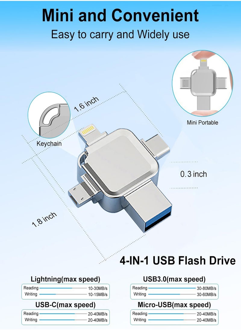 USB Flash Drive USB 3.0 128GB Memory Stick 4 in 1 Multi-Purpose Flash Drive for iPhone, Android Smartphones, iPad, Mac, Laptop, Silver