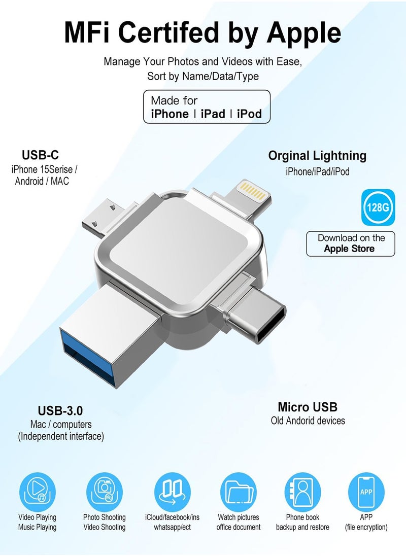USB Flash Drive USB 3.0 128GB Memory Stick 4 in 1 Multi-Purpose Flash Drive for iPhone, Android Smartphones, iPad, Mac, Laptop, Silver