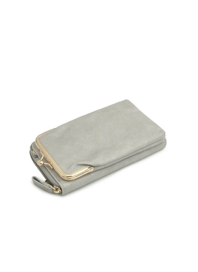 Grey Leather Clutch with Gold Accents