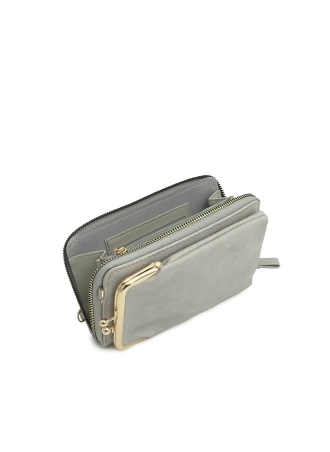 Grey Leather Clutch with Gold Accents