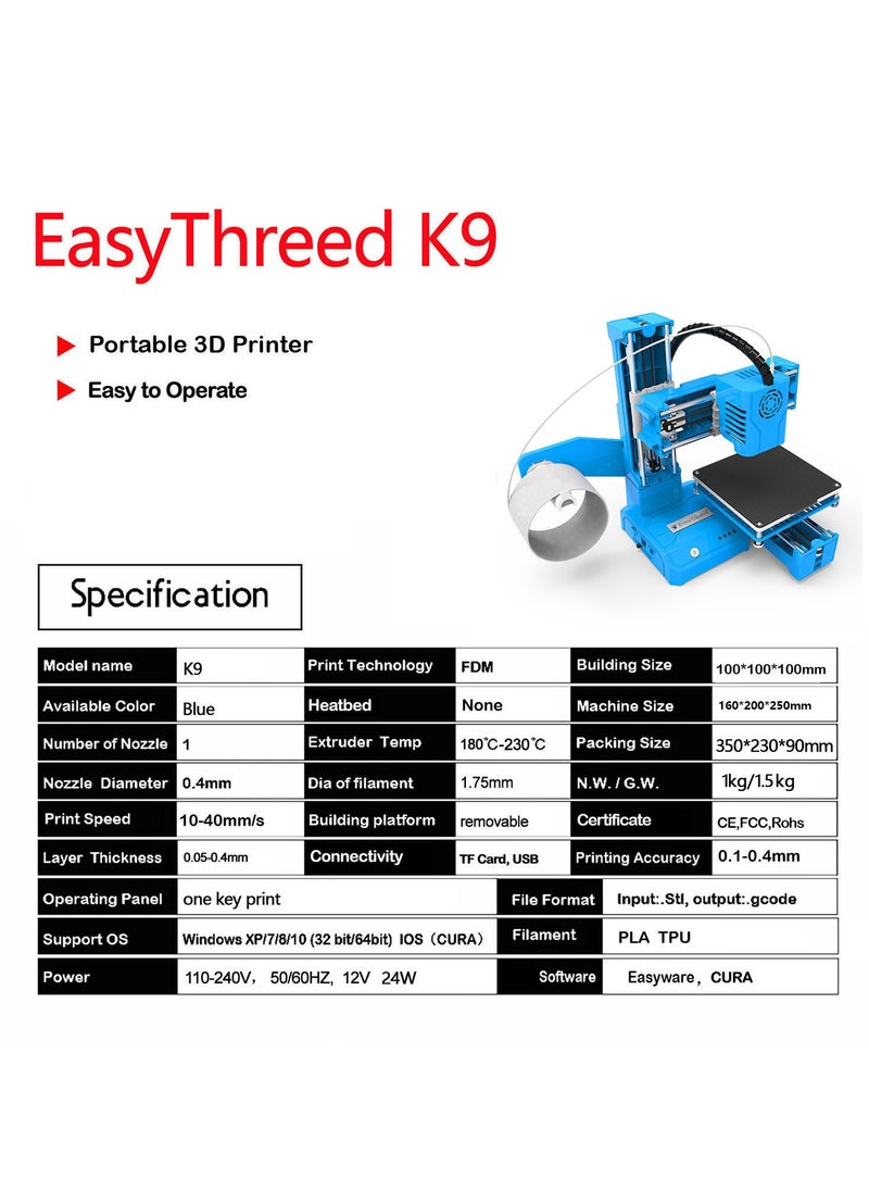 Easythreed K9 Mini 3D Printer for Household Education & Students 100*100*100mm Printing Size Support One Key Printing with 1.75mm 0.4mm Nozzle/CE Certificate
