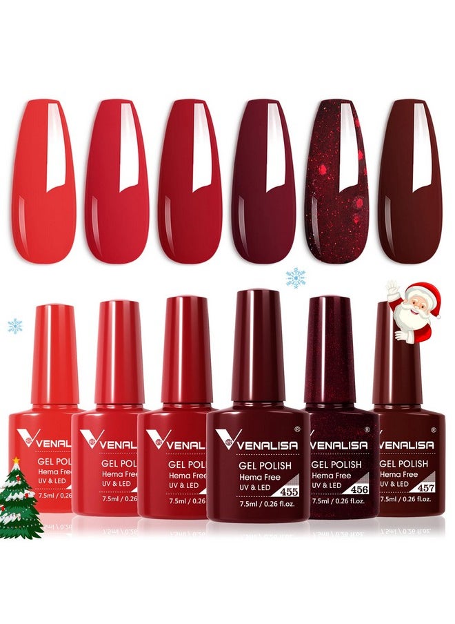 Venalisa Hema-Free Red Gel Nail Polish Set- 6 Colors Popular Red Burgundy Glitter Gel Polish Kit, Diy At Home Salon Christmas New Year'S Gifts For Girls