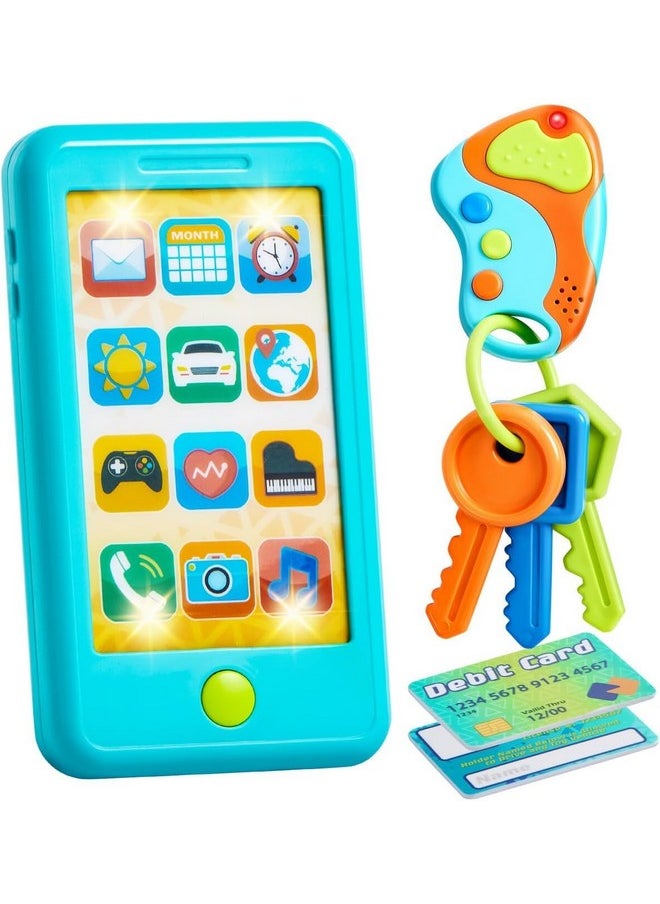 Pretend Toddler Play Phone, Learning Toy Phone Set,Keyfob Key Toy And Credit Cards Set, Kids Cellphone Toys, Girls Boys Birthday Gifts For 1 2 3 Year Old,Baby Blue, Kids Presents Toys