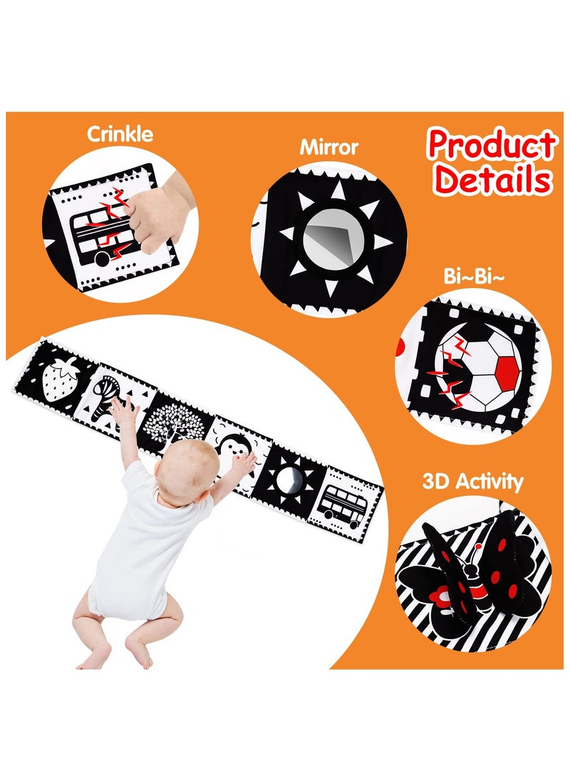 Black and White High Contrast Toys for Baby 0-3 3-6 Months Infant Tummy Time Soft Book Sensory Musical Toy 0-2-4-6 Month Babies Brain Development Montessori Crinkle Book Mirror Newborn Shower Gifts