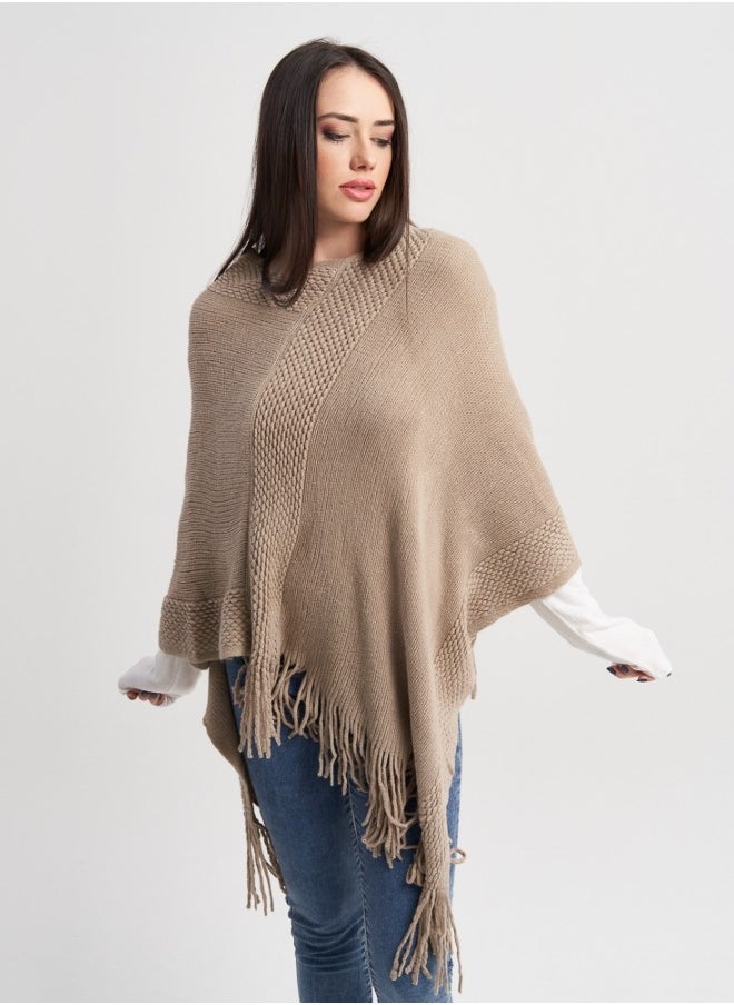 Beige Knit Poncho with Fringe