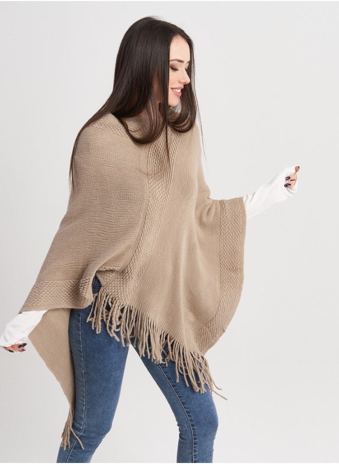 Beige Knit Poncho with Fringe