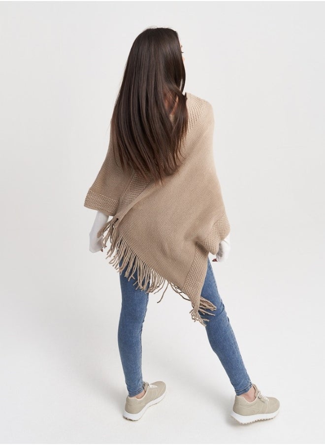 Beige Knit Poncho with Fringe