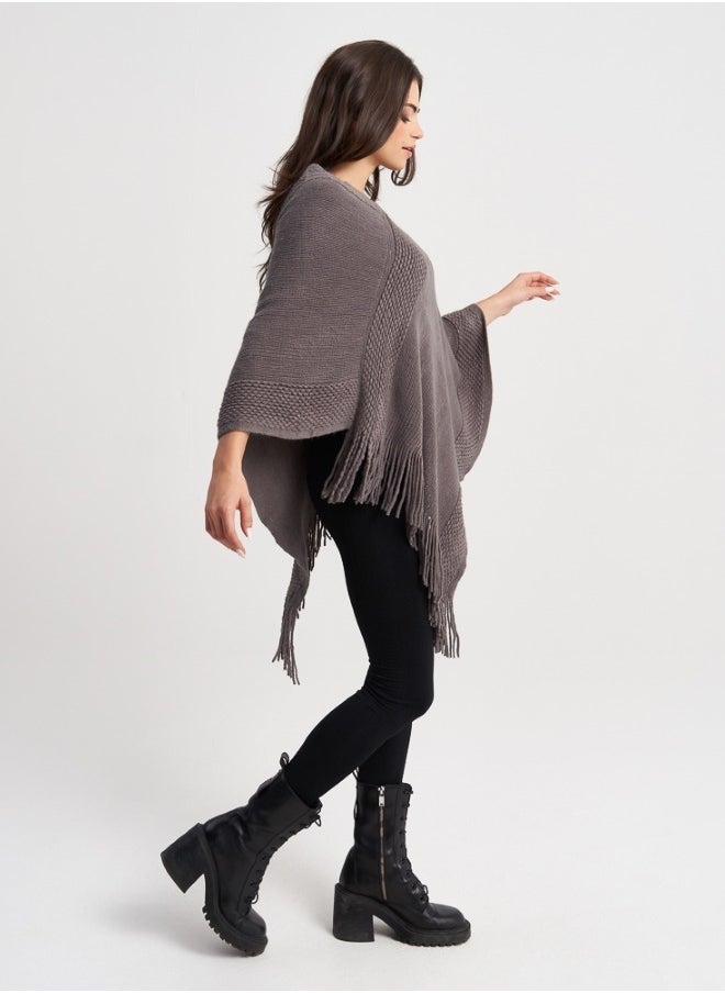 Elegant Knitted Gray Poncho with Fringes - Warm and Stylish