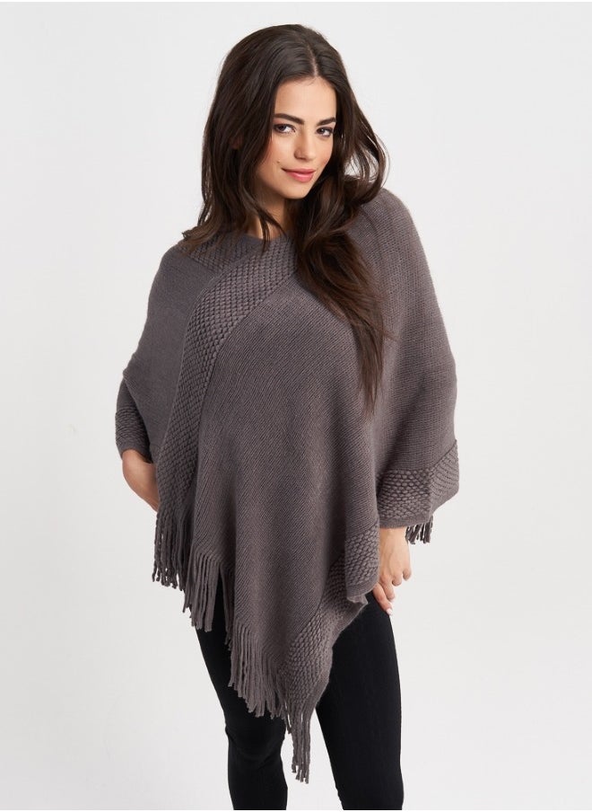 Elegant Knitted Gray Poncho with Fringes - Warm and Stylish