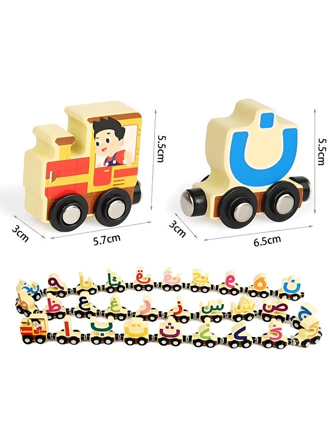 Wooden Arabic Alphabet Train Toy 29 PCS with Magnets for Toddlers, Compatible with Standard Train Set Tracks Wooden Double-Sided