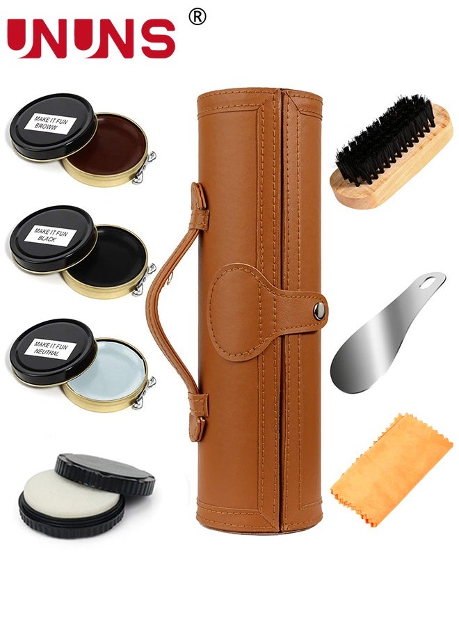 Shoe Shine Kit,8PCS Shoe Polish with PU Leather,Sleek Elegant Case,Travel Shoe Shine Brush Kit for Leather Boots Shoe Care and Cleaning,Brown