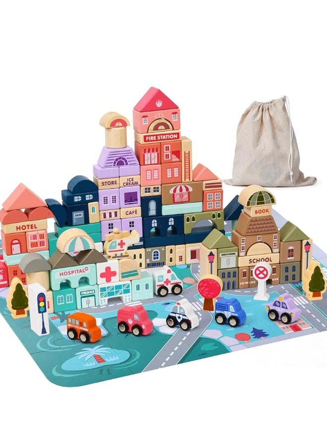 Lewo 115 PCS Wooden Building Blocks with City Map Construction Building Sets City Building Blocks Stacking Blocks Preschool Educational Learning Toys for 3 4 5 6 Years Old Kids Boys Girls Children