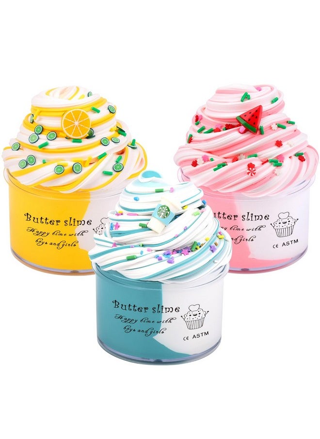 Butter Slime Kit 3 Pack With Watermelon, Latte And Lemon Charms, Cool Preppy Stuff, Cute Stress Relief Toys And Birthday Gifts Ideas For Girls And Boys, Scented Aesthetic Stuff For Kids