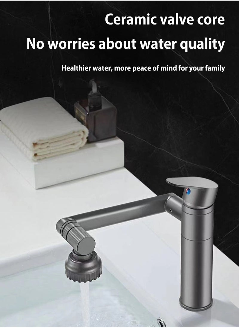 Grey bathroom faucet, 360 degree rotating bathroom faucet, bathroom sink faucet, single handle hot and cold water mixing faucet with 2 nozzle modes