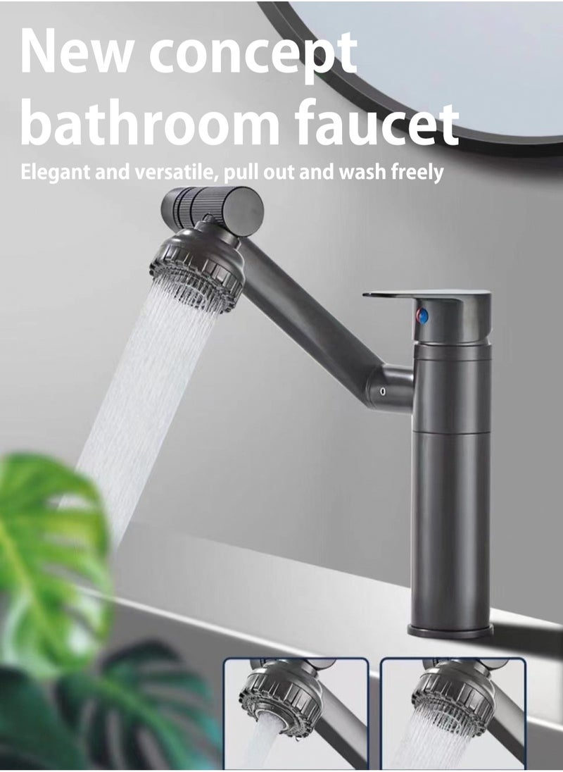 Grey bathroom faucet, 360 degree rotating bathroom faucet, bathroom sink faucet, single handle hot and cold water mixing faucet with 2 nozzle modes