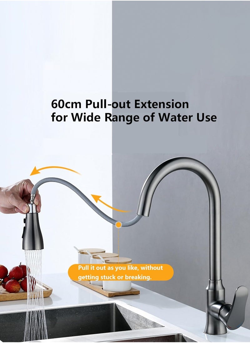 Grey pull-down spray gun kitchen faucet, 360 degree rotary kitchen faucet, kitchen sink faucet, single handle cold and hot water mixer with three nozzle modes