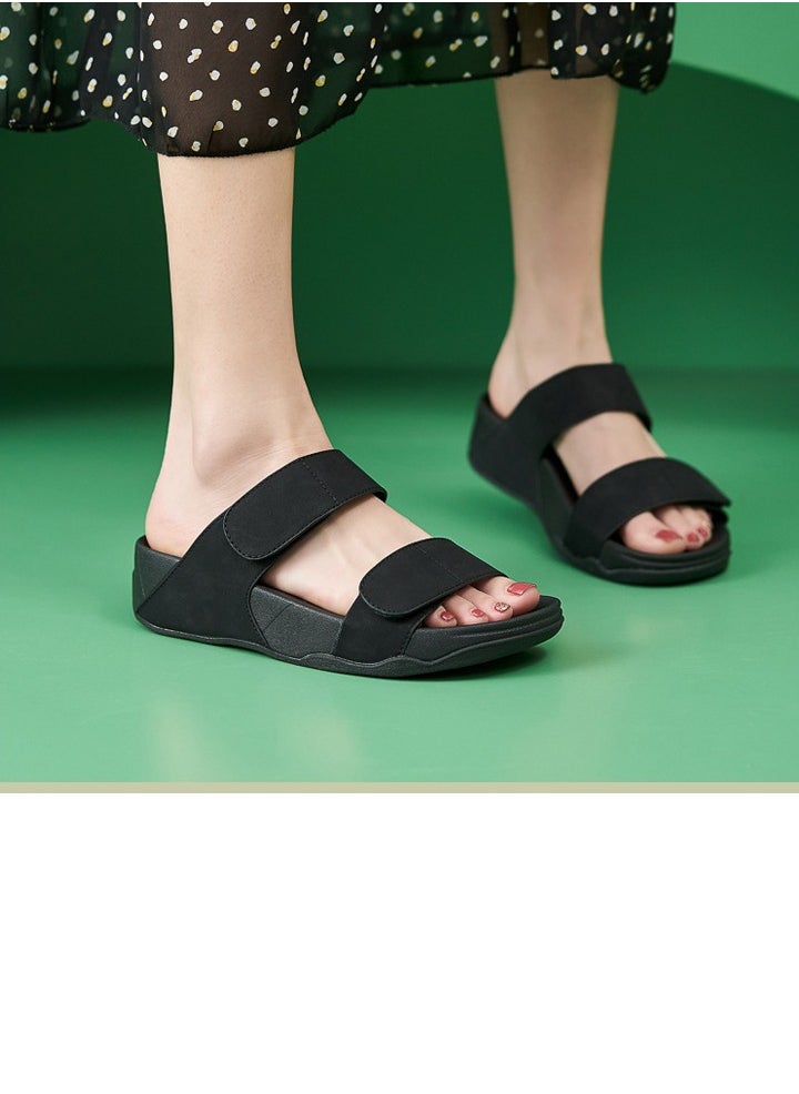 Womens Solid Color Wedge Sandals Slippers Breathable Casual Slip On Summer Shoes Black