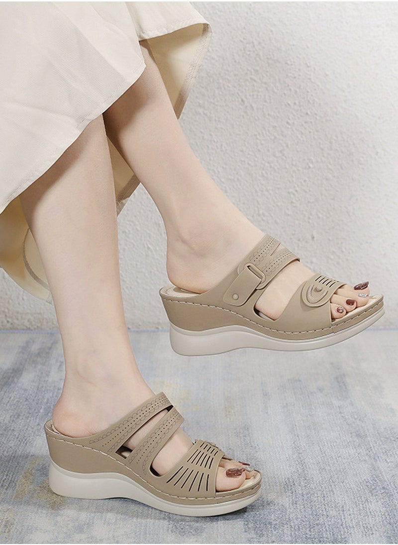 Womens Wedge Sandals Slippers Casual Slip On Summer Shoes Beige