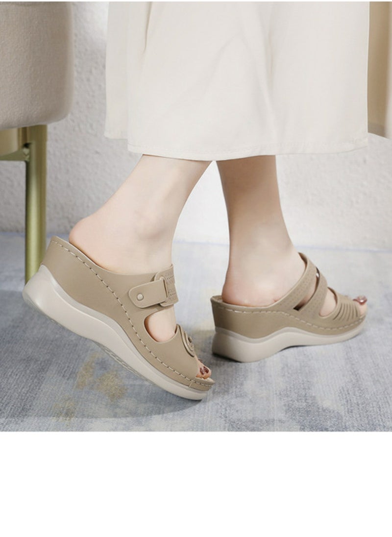 Womens Wedge Sandals Slippers Casual Slip On Summer Shoes Beige