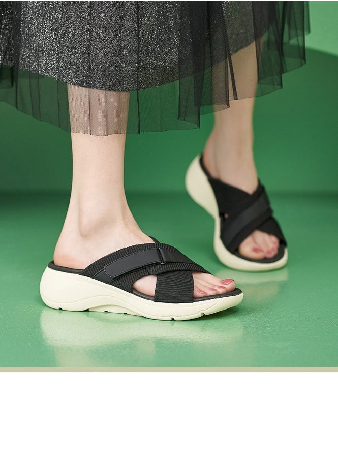 Womens Wedge Sandals Slippers Casual Sport Slip On Summer Shoes Black