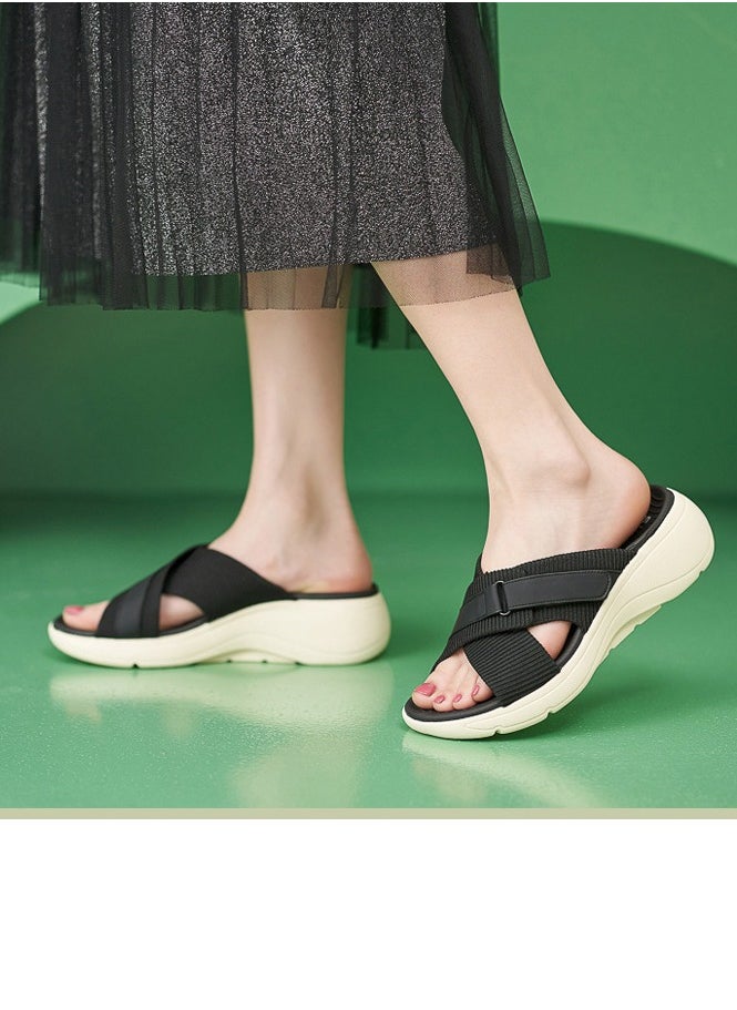 Womens Wedge Sandals Slippers Casual Sport Slip On Summer Shoes Black