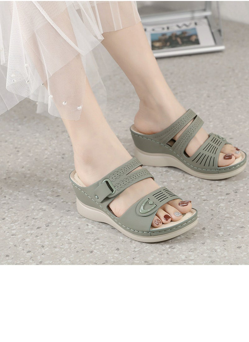 Womens Wedge Sandals Slippers Casual Slip On Summer Shoes Dusty Green