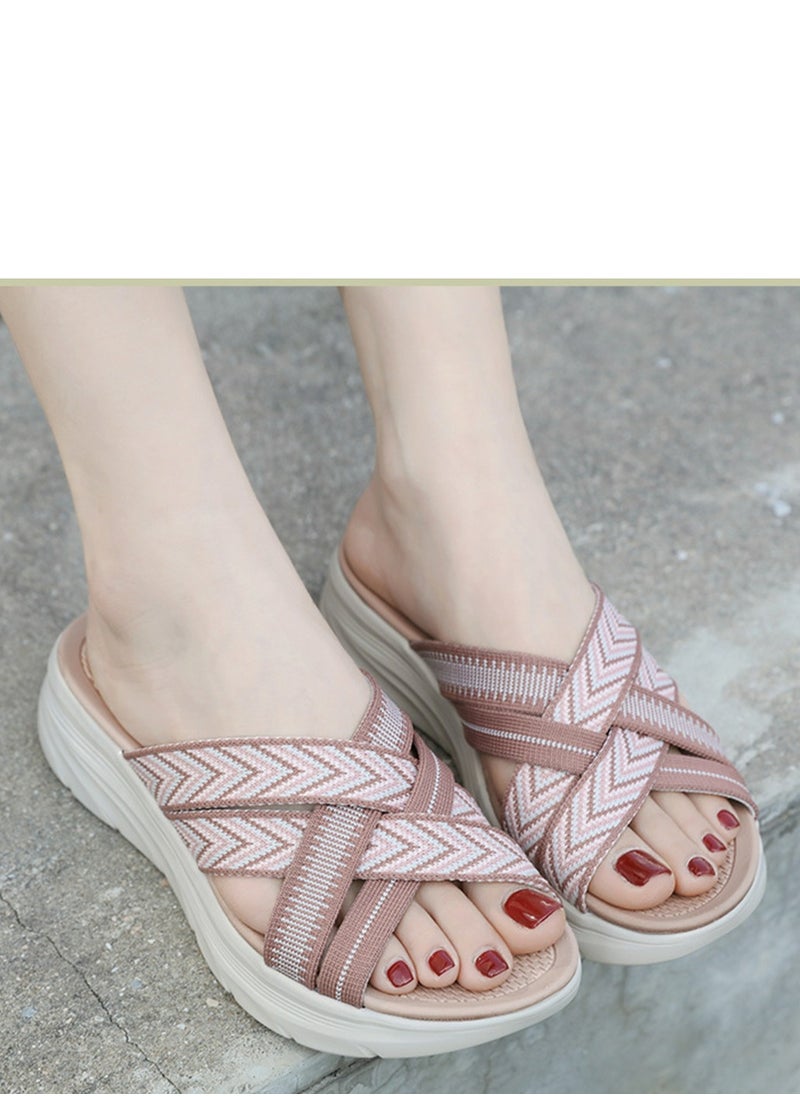 Womens Printed Wedge Sandals Slippers Casual Slip On Summer Shoes  Greyish Pink