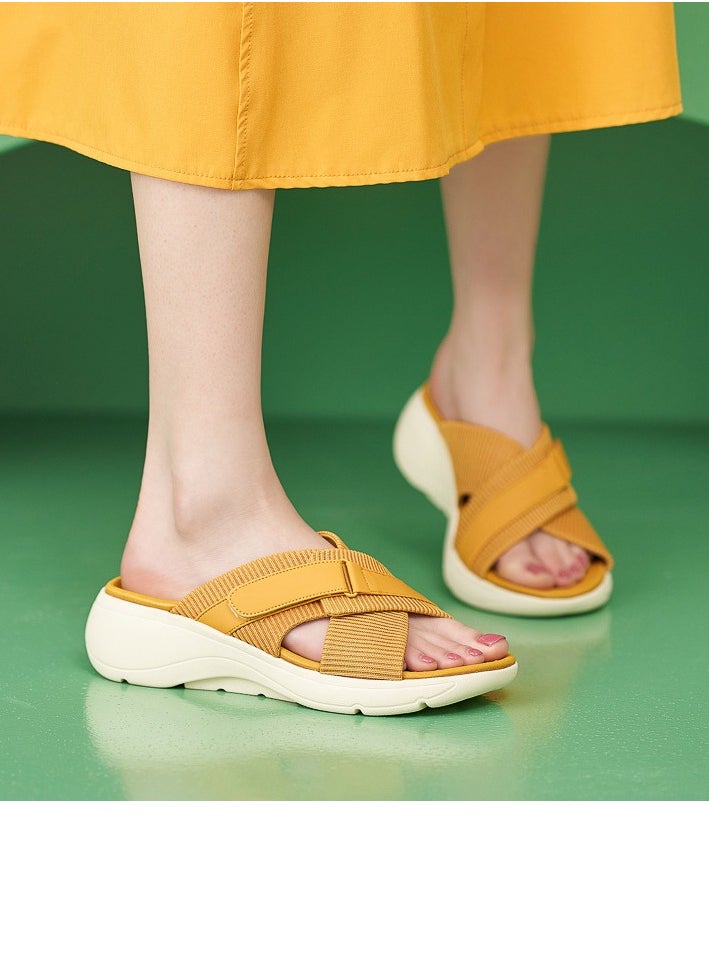 Womens Wedge Sandals Slippers Casual Sport Slip On Summer Shoes Yellow