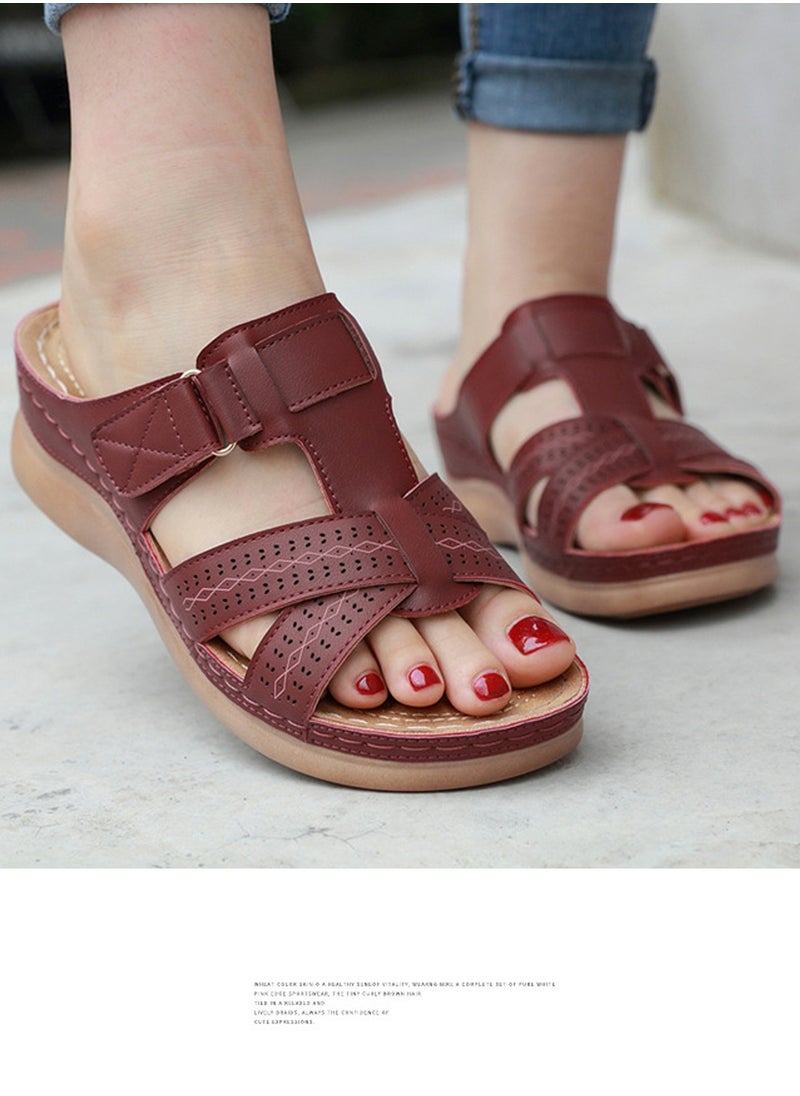 Womens Wedge Sandals Slippers Breathable Casual Slip On Summer Shoes Maroon