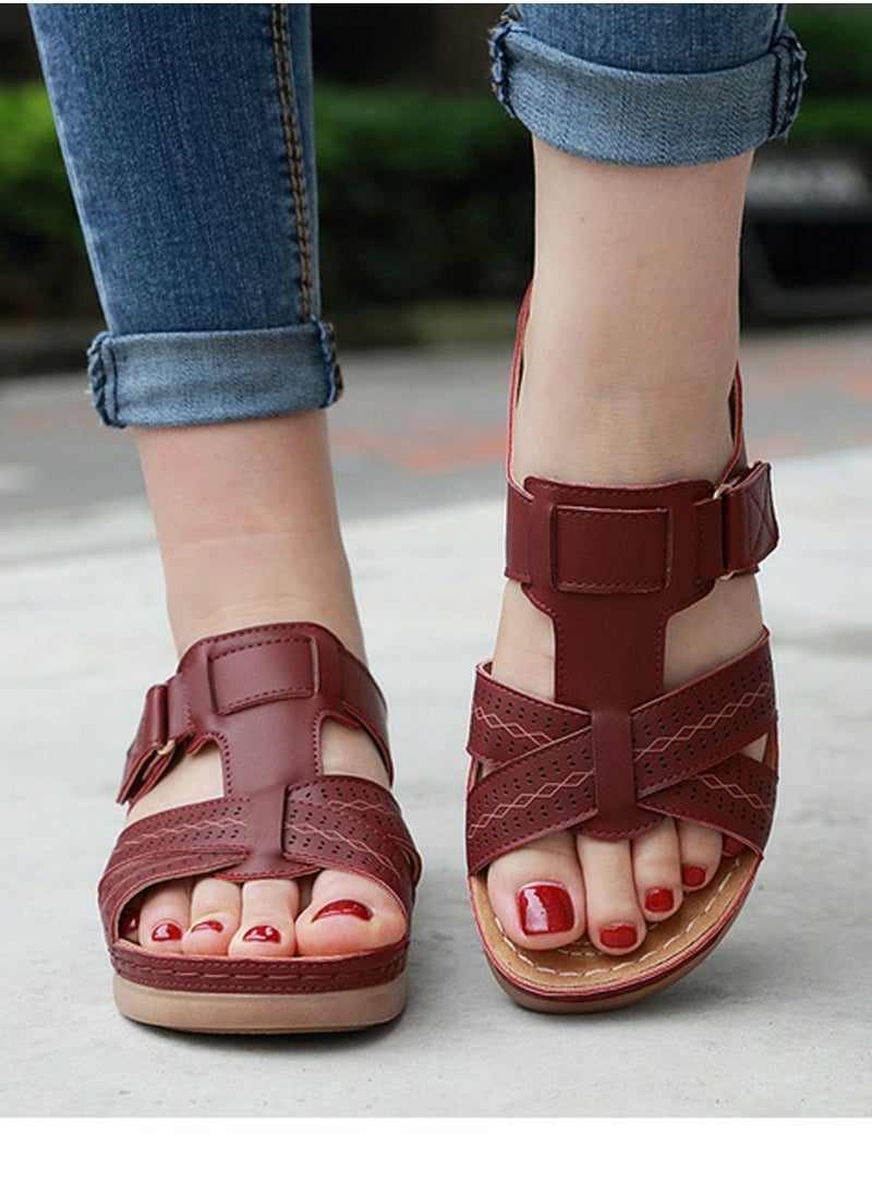 Womens Wedge Sandals Slippers Breathable Casual Slip On Summer Shoes Maroon