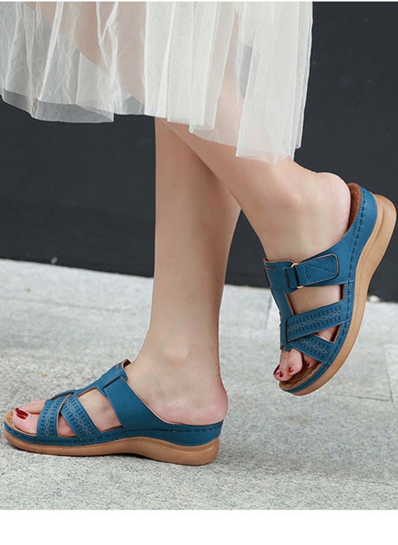 Womens Wedge Sandals Slippers Breathable Casual Slip On Summer Shoes Blue